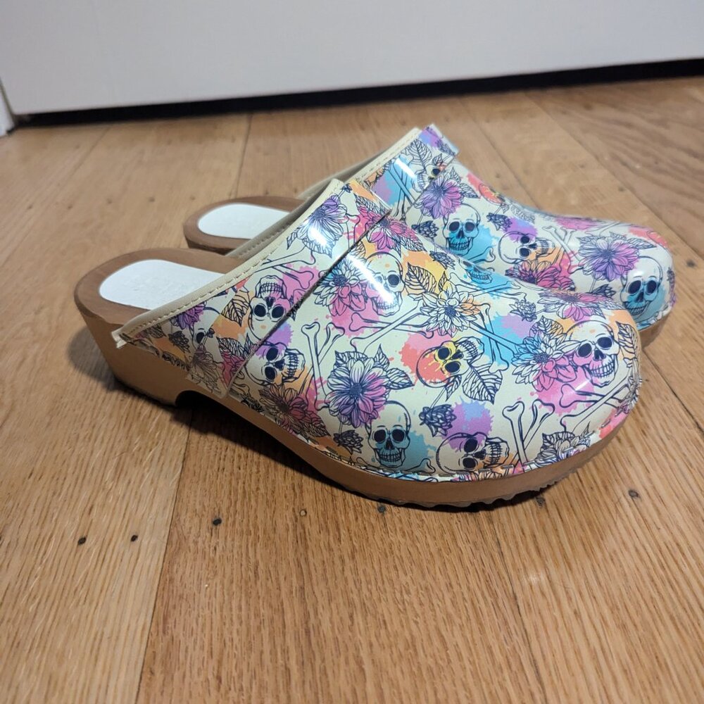 Bjork Floral & Skull Wooden Clogs, Size 10